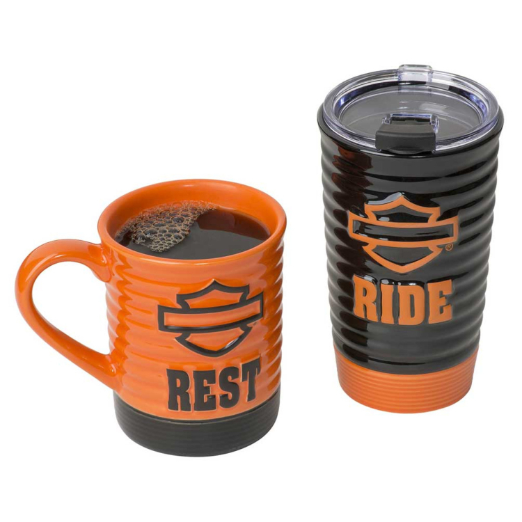 Harley-Davidson® Ride & Rest Travel / Coffee Ceramic Mug Set, Black & Orange