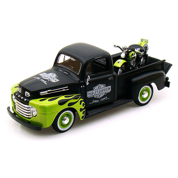 1948 Ford F-1 Pickup Harley-Davidson / FL Panhead Motorcycle, Black w/ Green Flames 1:24