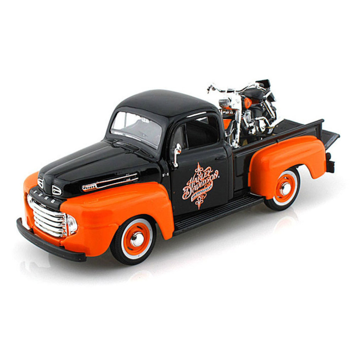 1948/1958 Ford F-1 Pickup Harley-Davidson / FLH DUO Glide Motorcycle, Black & Orange 1:24